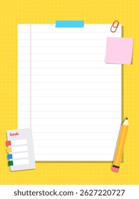 Background illustration. Background illustration of a notebook decorated with a notepad, post-it, and pencil. Background vector illustration for school and students.