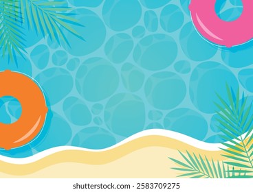 Background illustration of the ocean with swaying water surface, sandy beach and colorful swim rings floating