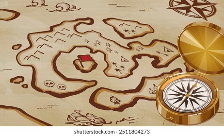 Background illustration of an old treasure map with a compass
