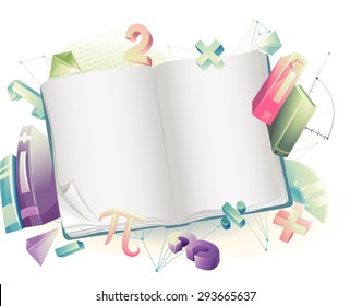Background Illustration of an Open Book Surrounded by Mathematical Symbols