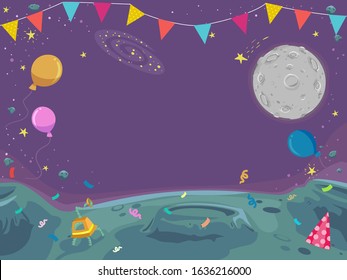 Background Illustration of Outer Space with Balloons, Confetti and Bunting