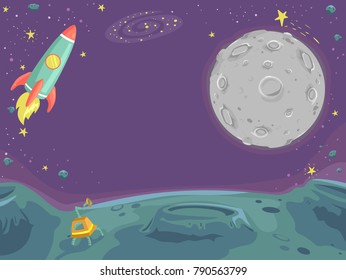 Background Illustration of Outer Space with the Moon and a Rocket Ship