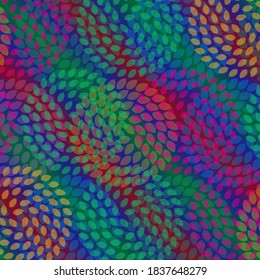 Background illustration. Overlapping of leaf-shaped objects arranged in a circle and a gradation of red, blue, and green.