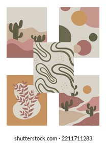 Background Illustration Pattern Desert Cactus Circle Round Leaves and Abstract Design Set Package Collection For Poster, Content Social Media Feed
