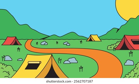 Background illustration a peaceful campsite with tents and rolling hills under a bright blue sky cartoon retro hand drawn