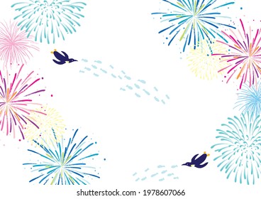 Background illustration of penguins swimming with fireworks