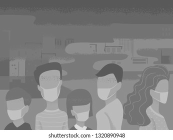Background Illustration of People Wearing Face Masks Covering their Nose and Mouth From Smog