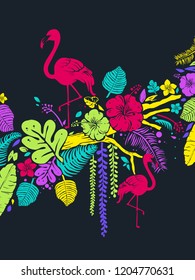 Background Illustration of Pink Flamingos with Tropical Flowers and Leaves and Branches