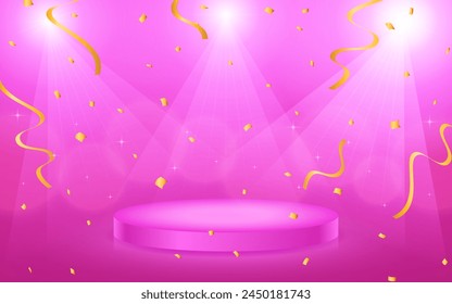 Background illustration of a pink stage illuminated by spotlights with dancing confetti