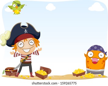 Background Illustration of Pirate and a Monster Surrounded by Gold Coins and Treasure Chests