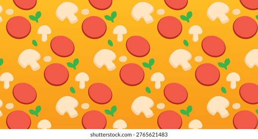 Background illustration of pizza design and toppings. Meat and mushroom pizza pattern texture motif