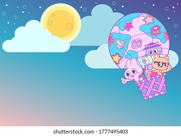 Background illustration with rabbit, bear and cat in a balloon