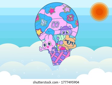 Background illustration with rabbit, bear and cat in a balloon