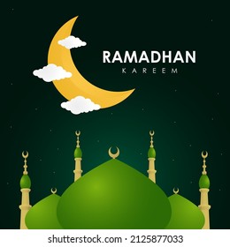 Background illustration of Ramadan, with a mosque object with a cupola in the night atmosphere and the inscription of Ramadan Kareem