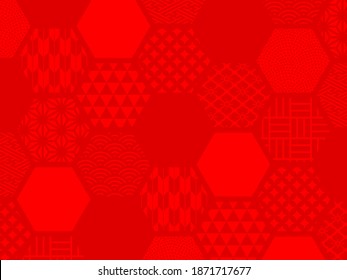 Ilustración de fondo de hexágonos rojos con diversos patrones japoneses