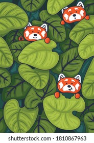 background illustration red pandas peeking out of the foliage