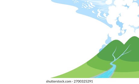 Ilustração de fundo de um rio que flui das montanhas e vários tipos de nuvens
