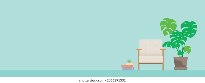 Background illustration of a room decorated with a single chair, a houseplant Monstera, and books