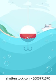 Background Illustration of a Round Fishing Lure in the Sea with a Boat Nearby