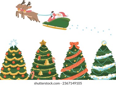 Background illustration of Santa Claus riding a sleigh, reindeer and Christmas tree
