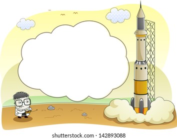 Background Illustration of Scientist Launching a Rocketship with Cloud Frame