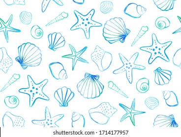 Background illustration  with seashells and starfish painted in watercolor