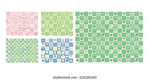 Background illustration set with flat marche icons aligned. Spring, early summer and summer images. Seamless pattern.