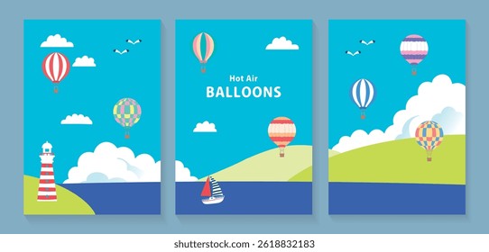Background illustration set of sea and sky with flying balloons
