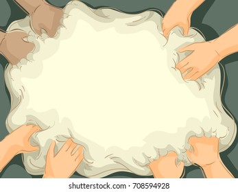 Background Illustration of Several Hands Kneading Dough for Baking Bread