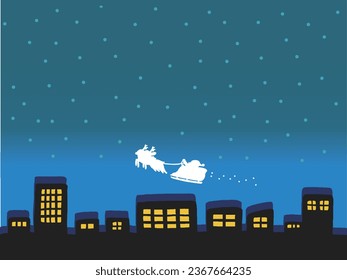 Background illustration of silhouette of Santa Claus and reindeer riding a sleigh, night sky and full moon
