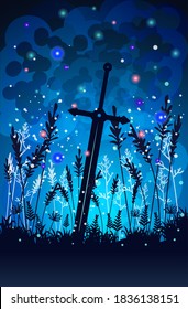 Background illustration of silhouette sword stuck on the ground with firefly and grass around it