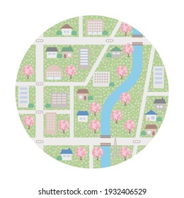 Eine Hintergrundgrafik einer einfachen Frühjahrslandschaft. Layout wie eine Karte in einem Kreis.