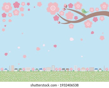 A background illustration of a simple spring cityscape. A distant view below the layout.
