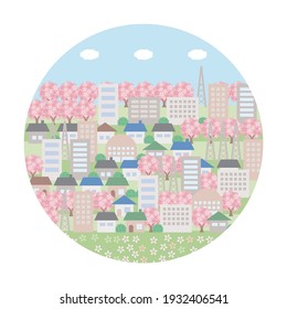 A background illustration of a simple spring cityscape. Layout laid out in a circle.
