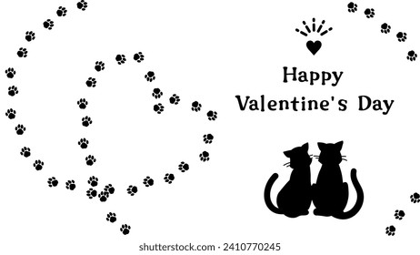 Background illustration of simple and stylish cats couple and heart-shaped footprints, banner template for Valentine's day (monochrome)