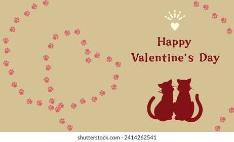 Background illustration of simple and stylish cats couple and heart-shaped footprints, banner template for Valentine's day (retro)
