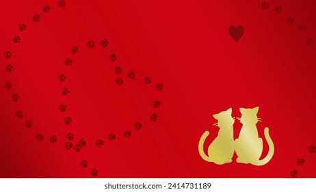 Background illustration of simple and stylish cats couple and heart-shaped footprints (red)