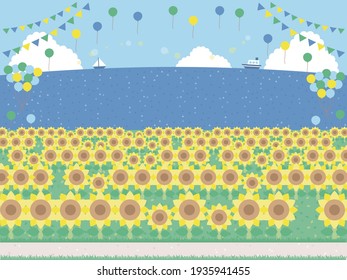 A background illustration of a simple sunflower field. A version with the sea behind.