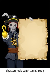 Background Illustration of a Skeleton Wearing a Pirate Costume and Holding a Blank Scroll