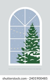 Ilustración de fondo de nieve cayendo fuera de la ventana en la temporada invernal. Hay árboles y decoración luminosa en el exterior de las ventanas abovedadas.