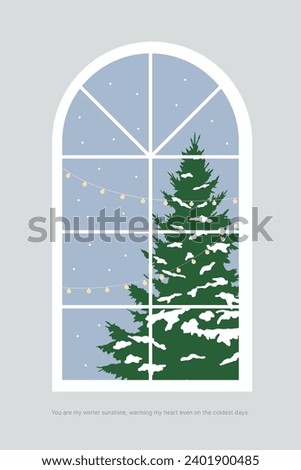Background illustration of snow falling outside the window in the winter season. There are trees and light decorations outside the arched windows.