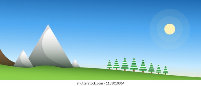 Background illustration of spring mountains panorama with the sun and trees
