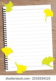 Background illustration of a spring notebook and fallen leaves on a desk