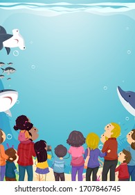 Background Illustration of Stickman Family Watching a Big Aquarium with Space for Text