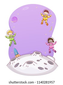 Background Illustration of Stickman Kids Astronauts Floating in Space with the Moon