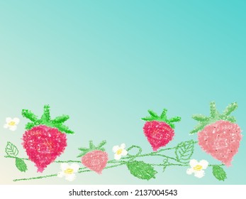 Background illustration of strawberries and blue spring sky, crayon texture