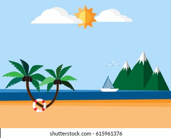 Background Illustration Of Summer Beach With Sailing Boat and Mountain flat design.