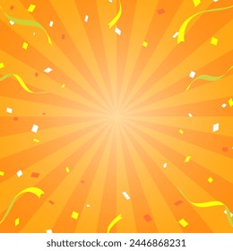 Background illustration of sunburst with ribbons and confetti. (orange, square)