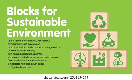 Background Illustration of a sustainable environment icons on wooden blocks. 16:9 ratio.