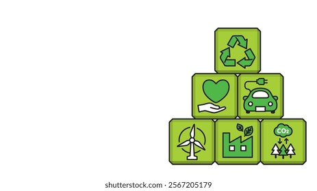 Background Illustration of a sustainable environment icons on blocks. 16:9 ratio.